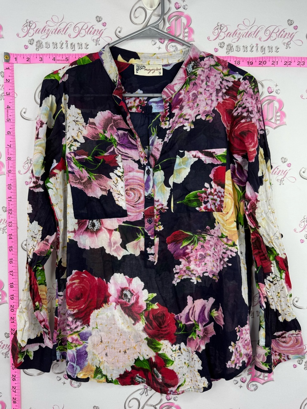 MAGAZINE blouse Floral Henley Blouse - Black with Multicolor Blooms